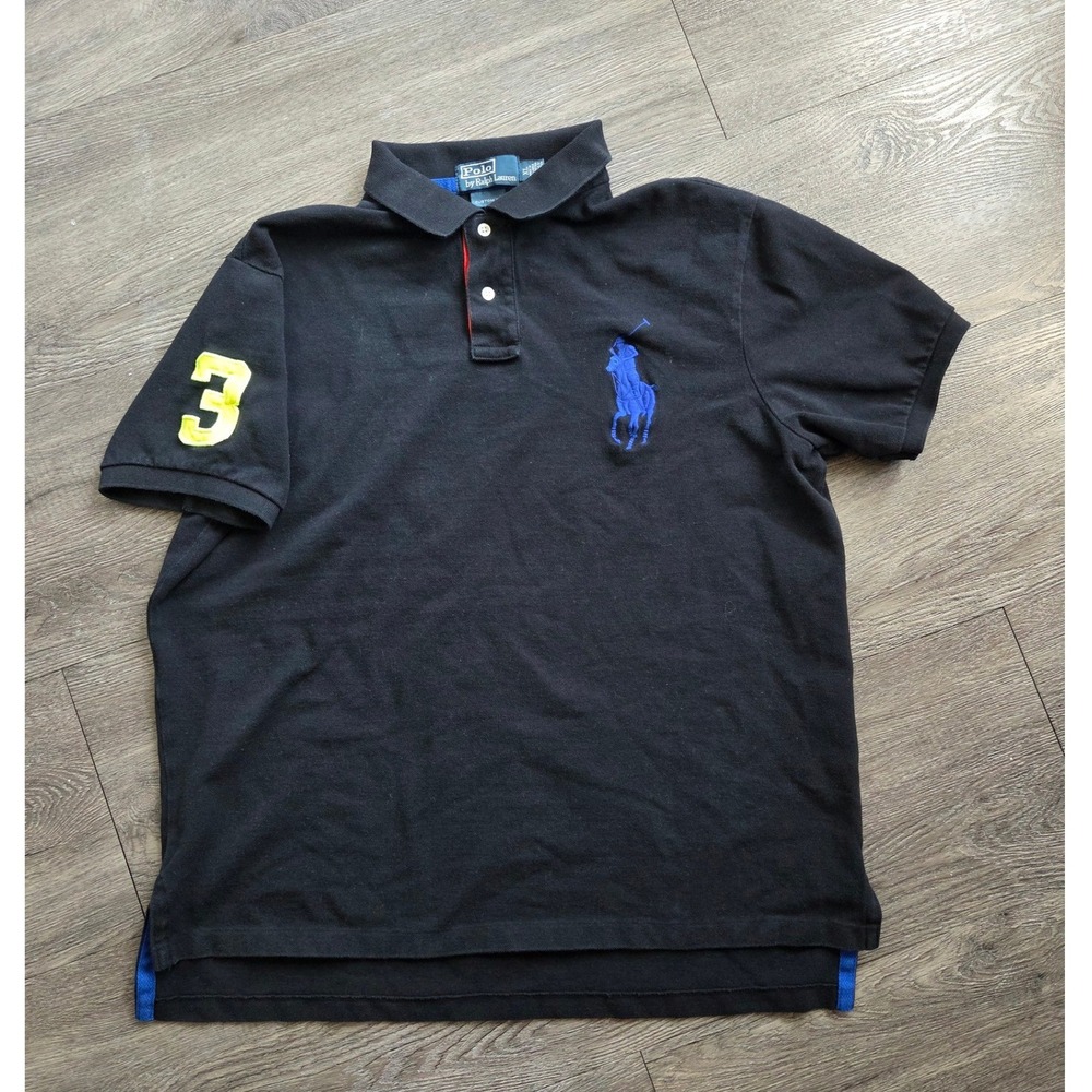 Vtg Polo Ralph Lauren Polo Shirt Mens XL Black Big Pony Custom Fit Short Sleeve